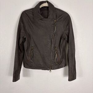 Roots Brown 100% Leather Collared Asymmetrical Zip Moto Jacket Women's Size 8